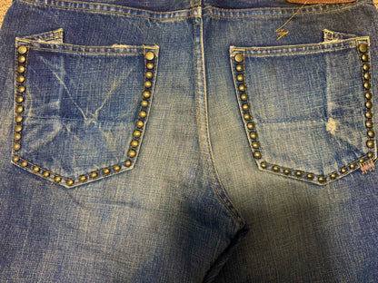 Blue Faded Distressed Studded Jeans