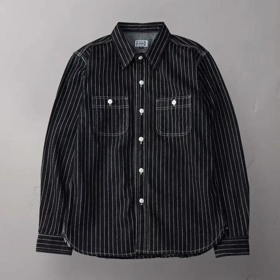 The Flat Head Wabash Stripe Workwear Denim Shirt