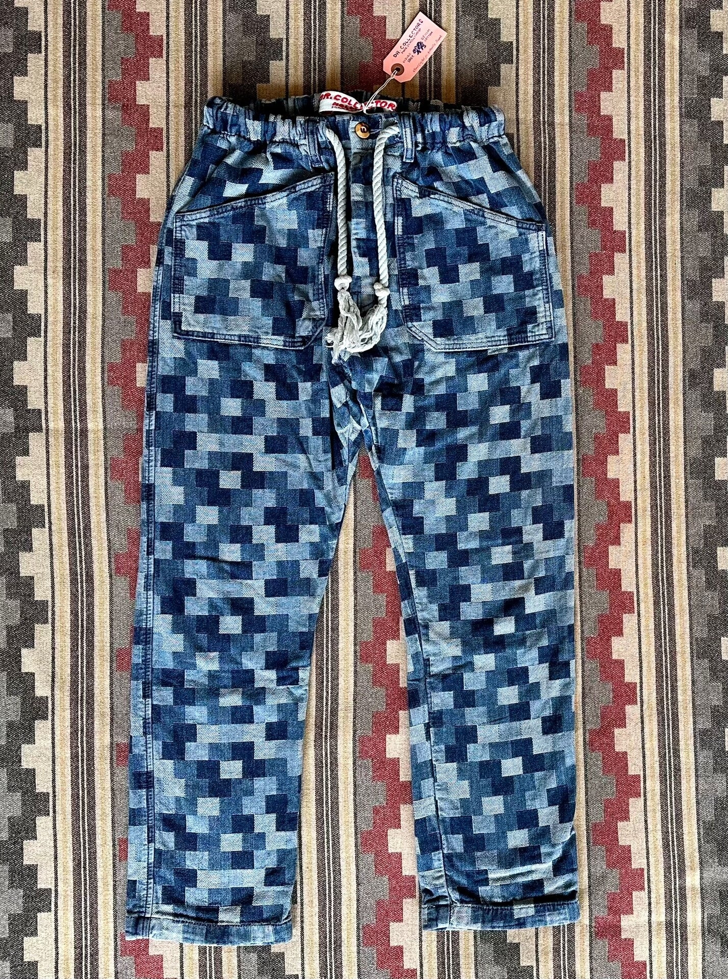 blue jacquard denim casual tapered pants