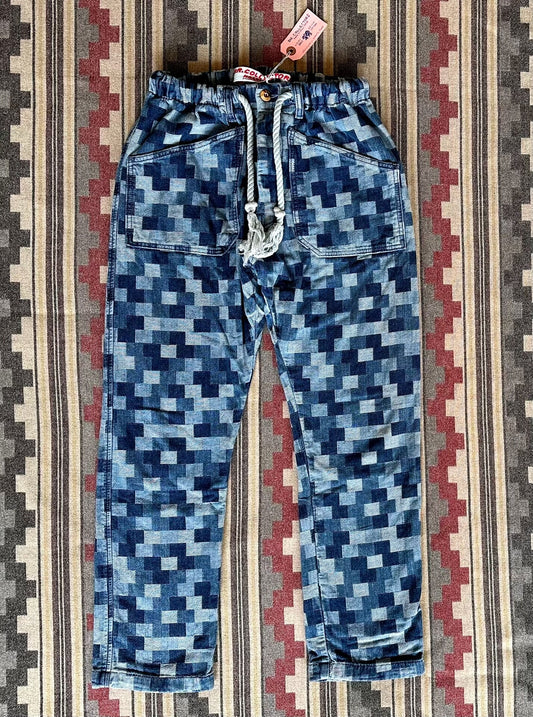 blue jacquard denim casual tapered pants