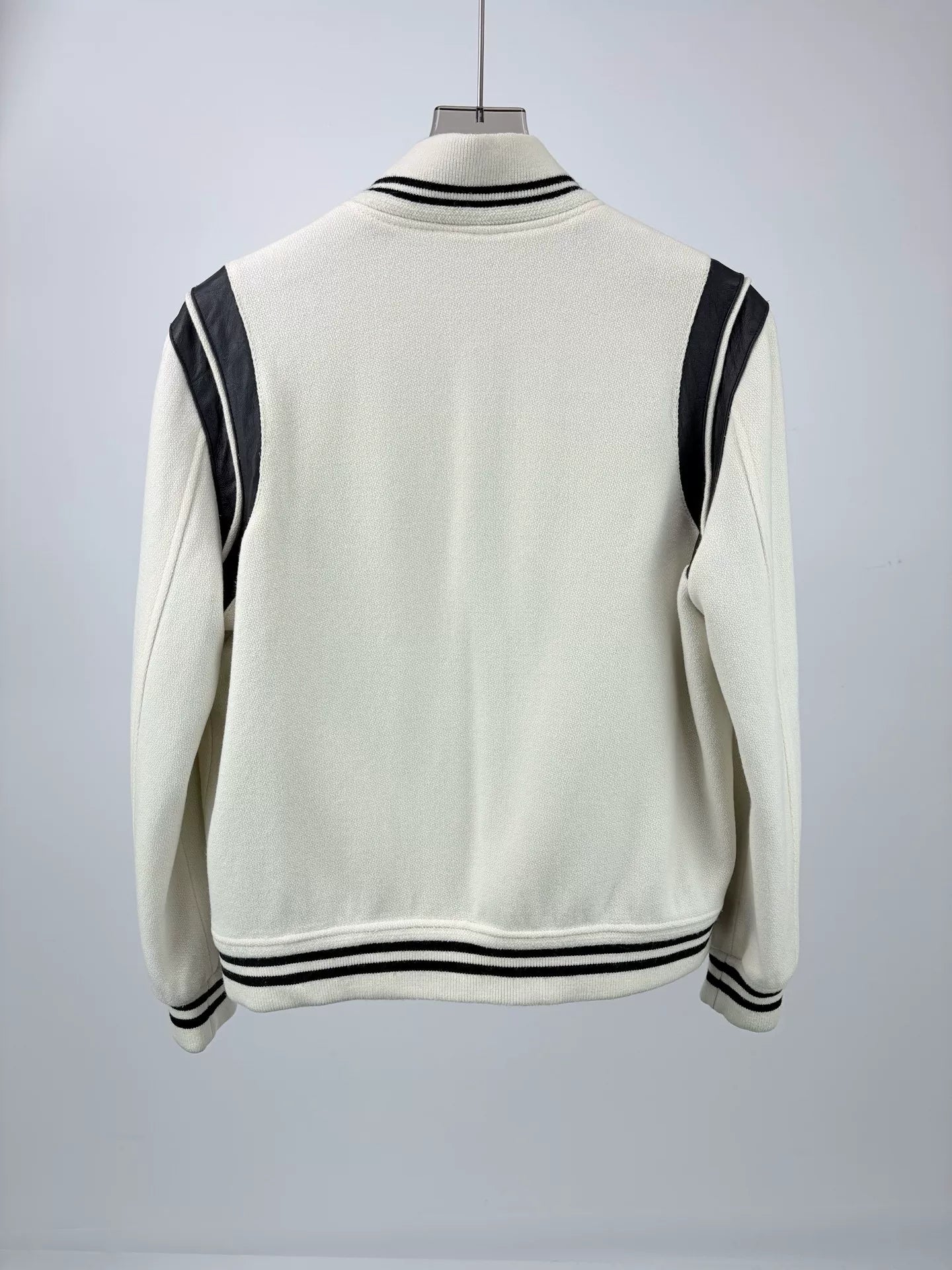 SAINT LAURENT White Leather Sleeve Baseball Jacket
