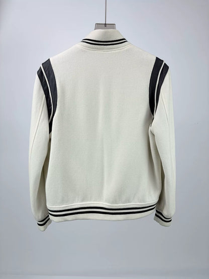 SAINT LAURENT White Leather Sleeve Baseball Jacket