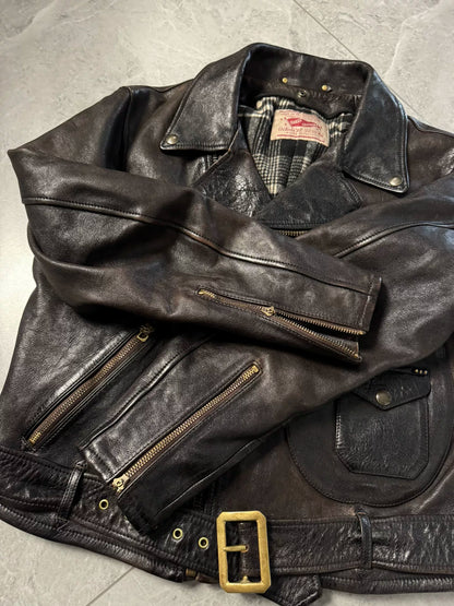 vintage brown leather biker jacket for winter