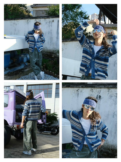 RRL 2025 SS Indigo Stripe Knit Cardigan