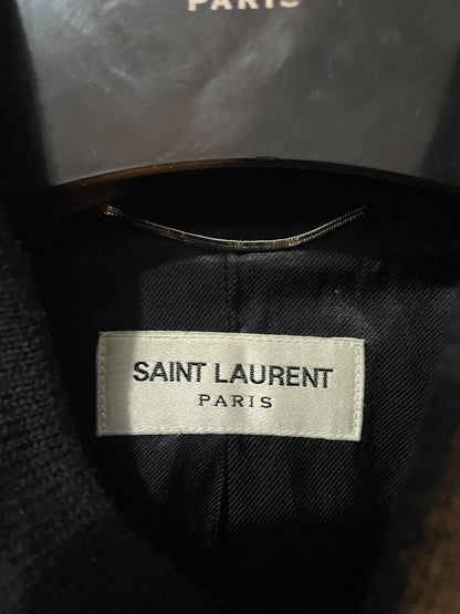 Saint Laurent Navy Leather Sleeves Varsity Jacket
