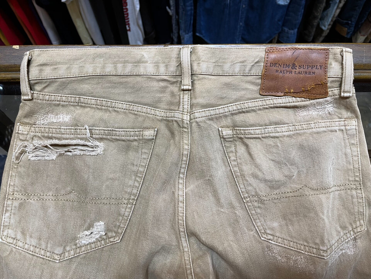 rrl distressed beige denim pants by Ralph Lauren