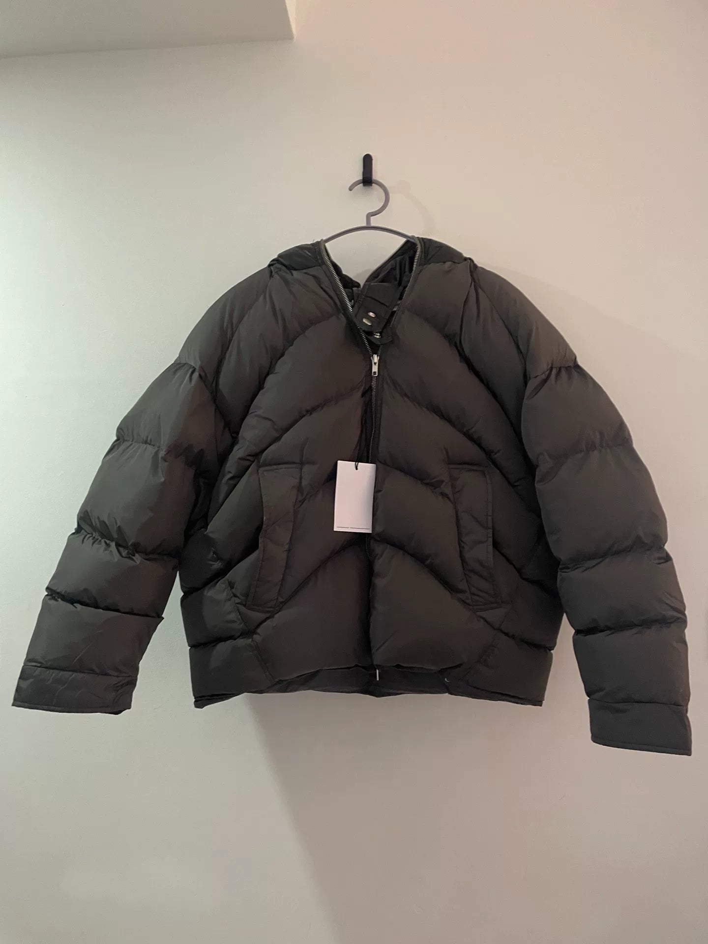 oversized gray-black leather cap puffer jacket