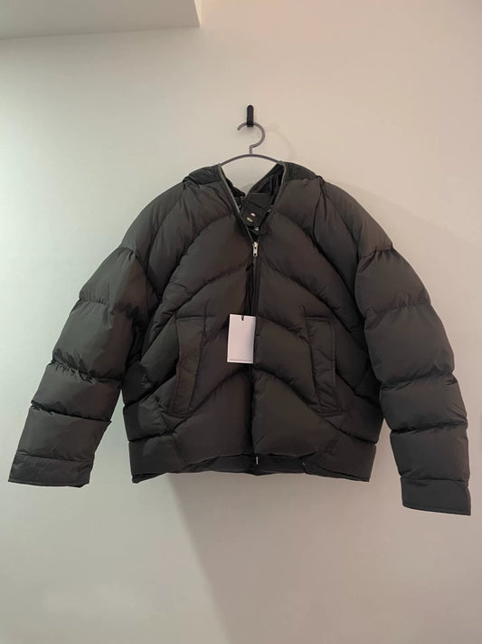 oversized gray-black leather cap puffer jacket