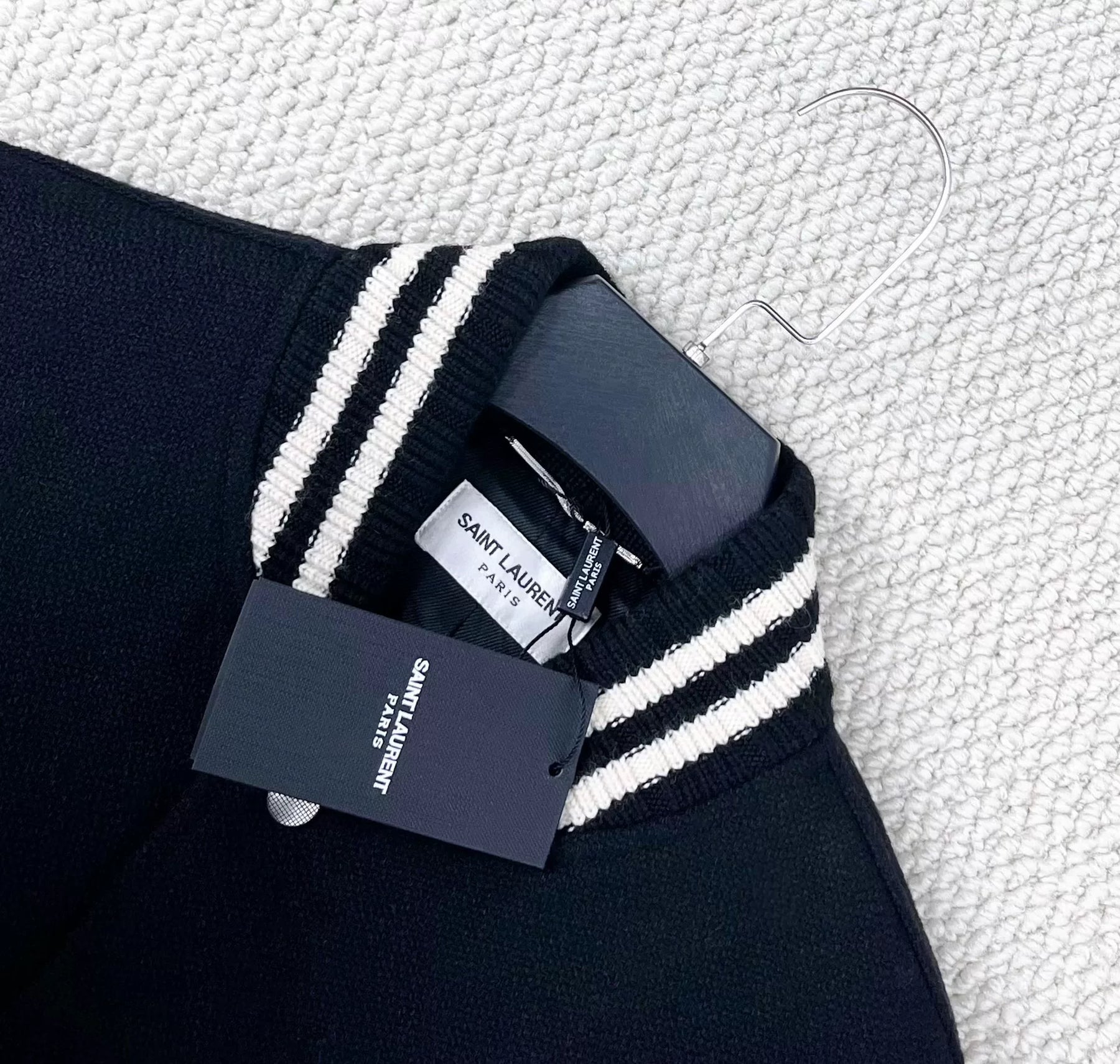 Saint Laurent Black Striped Wool Baseball Jacket