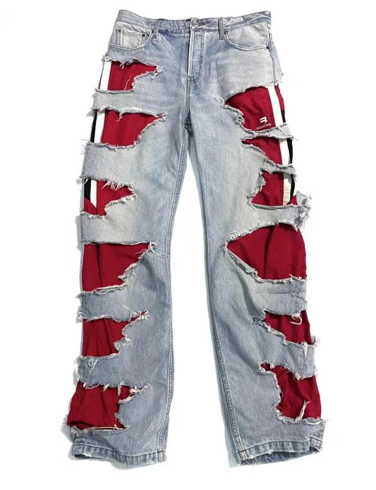 Balenciaga Red Layered Distressed Denim Pants