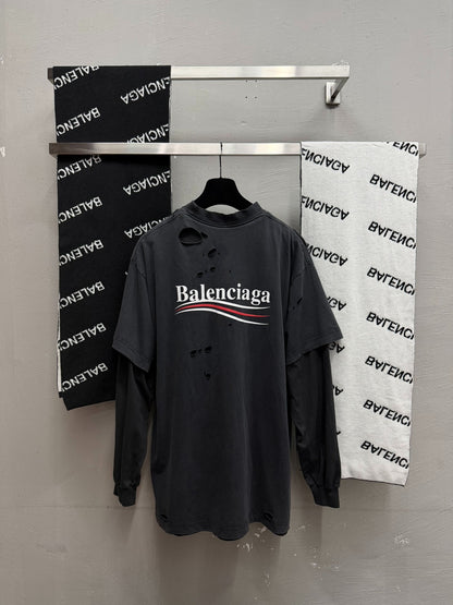 Balenciaga Distressed Logo Long-Sleeve T-Shirt