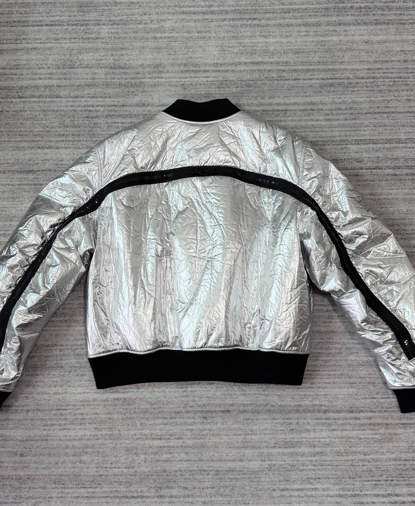 silver bomber jacket with back zipper