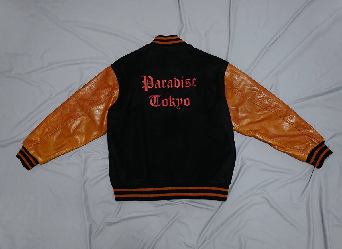 wacko maria varsity jacket with leather sleeves