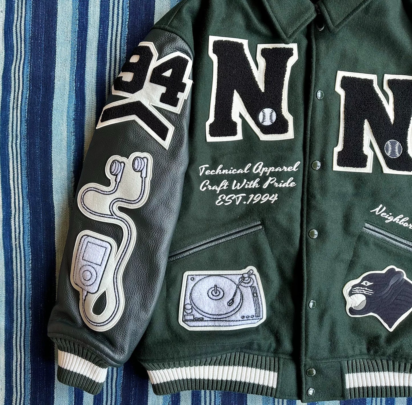 neighborhood stadium jacket with leather sleeves