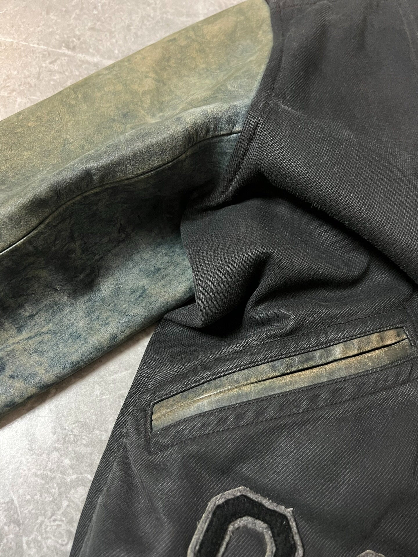 RRL Blue Dye Leather Sleeve Baseball Jacket