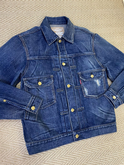 stylish blue denim jacket with gold buttons