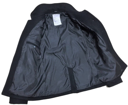 black wool watch coat with single button