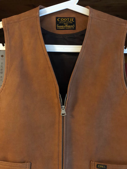 cootie leather utility vest in golden brown