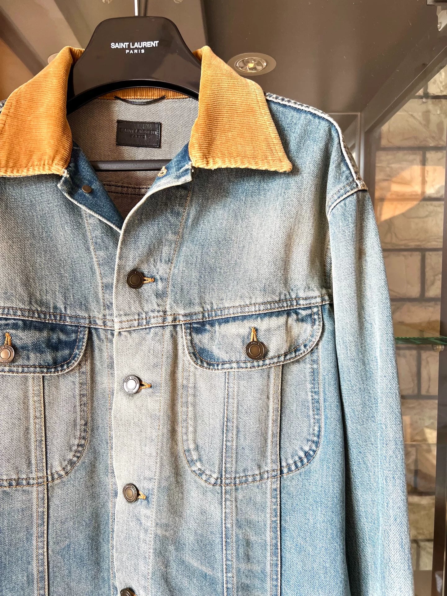 saint laurent blue denim jacket with cord collar
