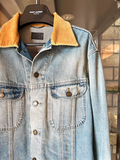 saint laurent blue denim jacket with cord collar