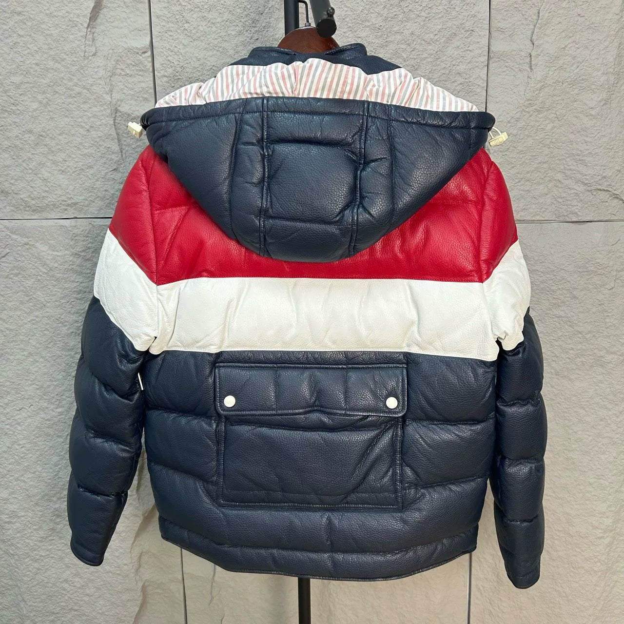 classic color block leather down jacket