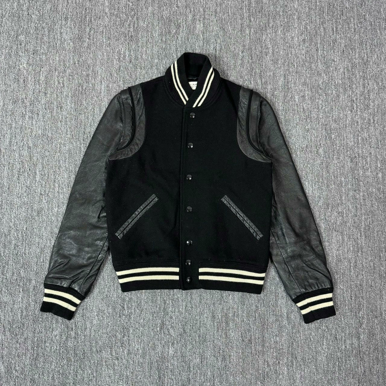 Saint Laurent Black Leather Sleeve Varsity Jacket