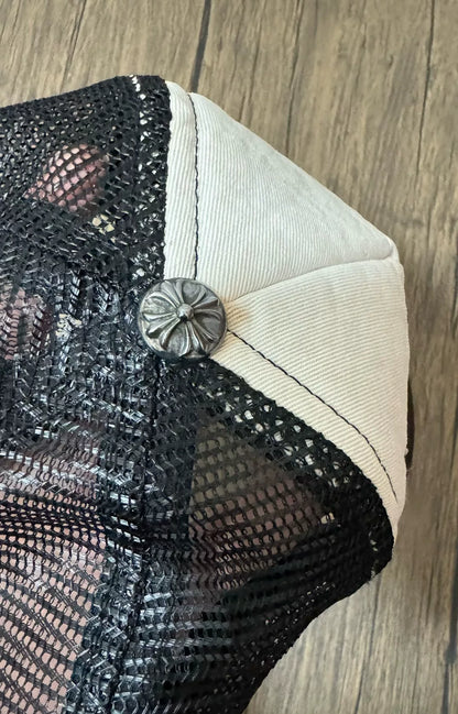 chrome hearts black and white trucker cap