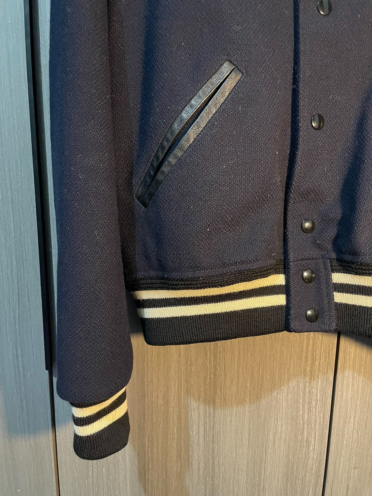 Saint Laurent Navy Leather Sleeves Varsity Jacket