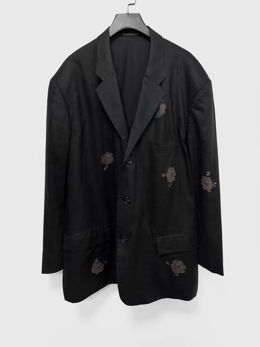black linen jacket with floral embroidery