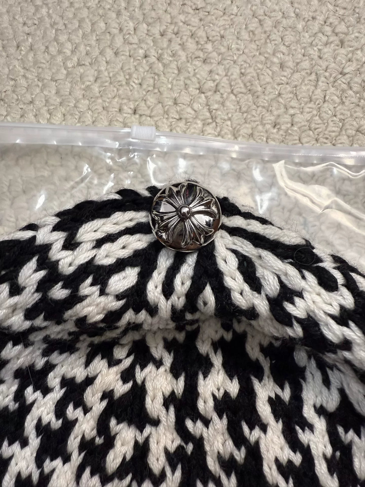 Chrome Hearts Cross Leather Patch Houndstooth Cashmere Beanie