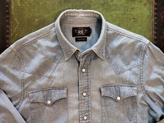 RRL Western Light Blue Washed Distressed Shirt