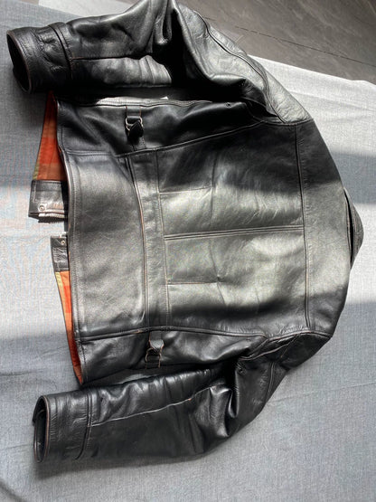 black leather jacket with snowflake design