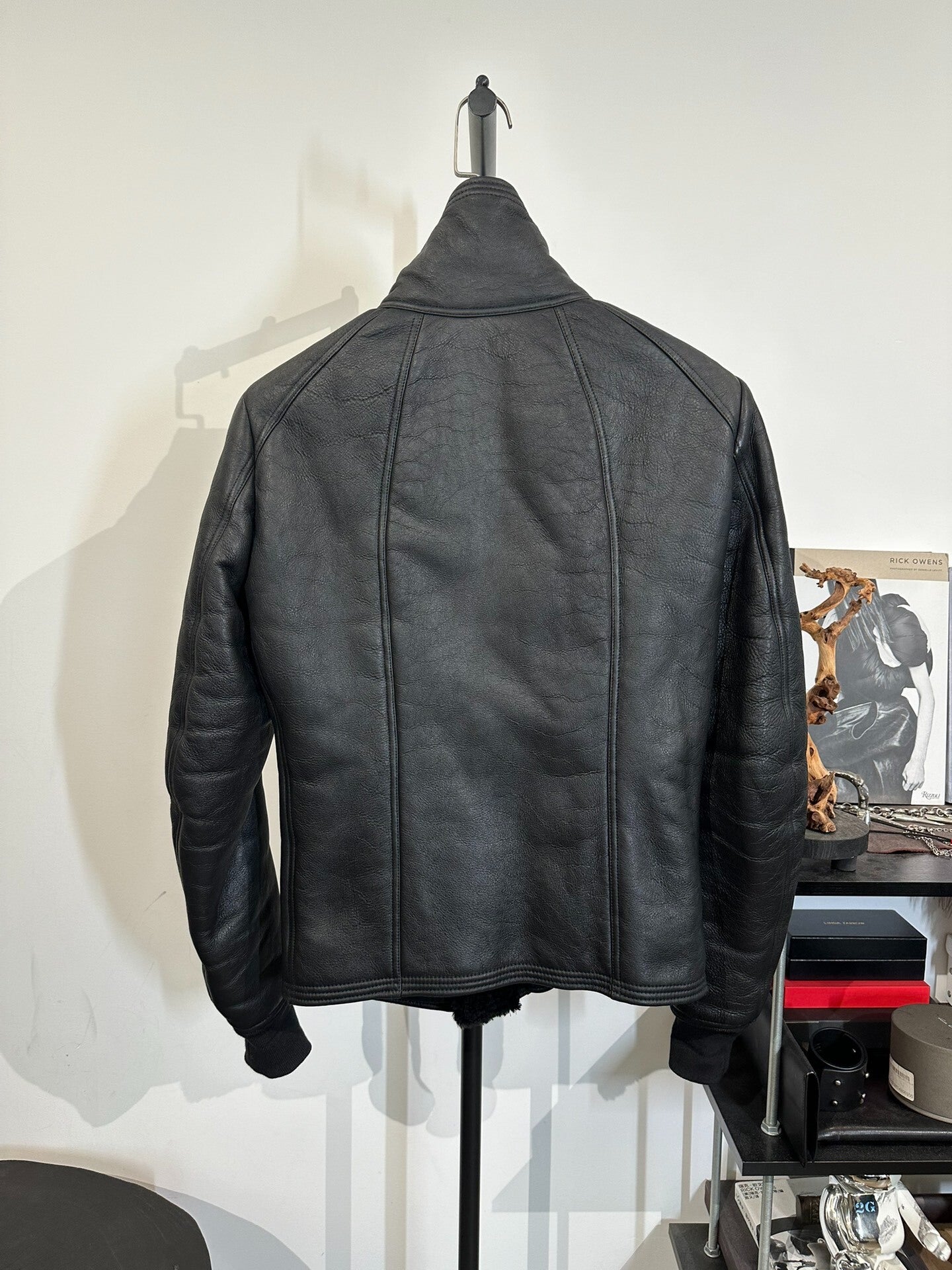 Rick Owens Fur Leather Stand-Collar Jacket