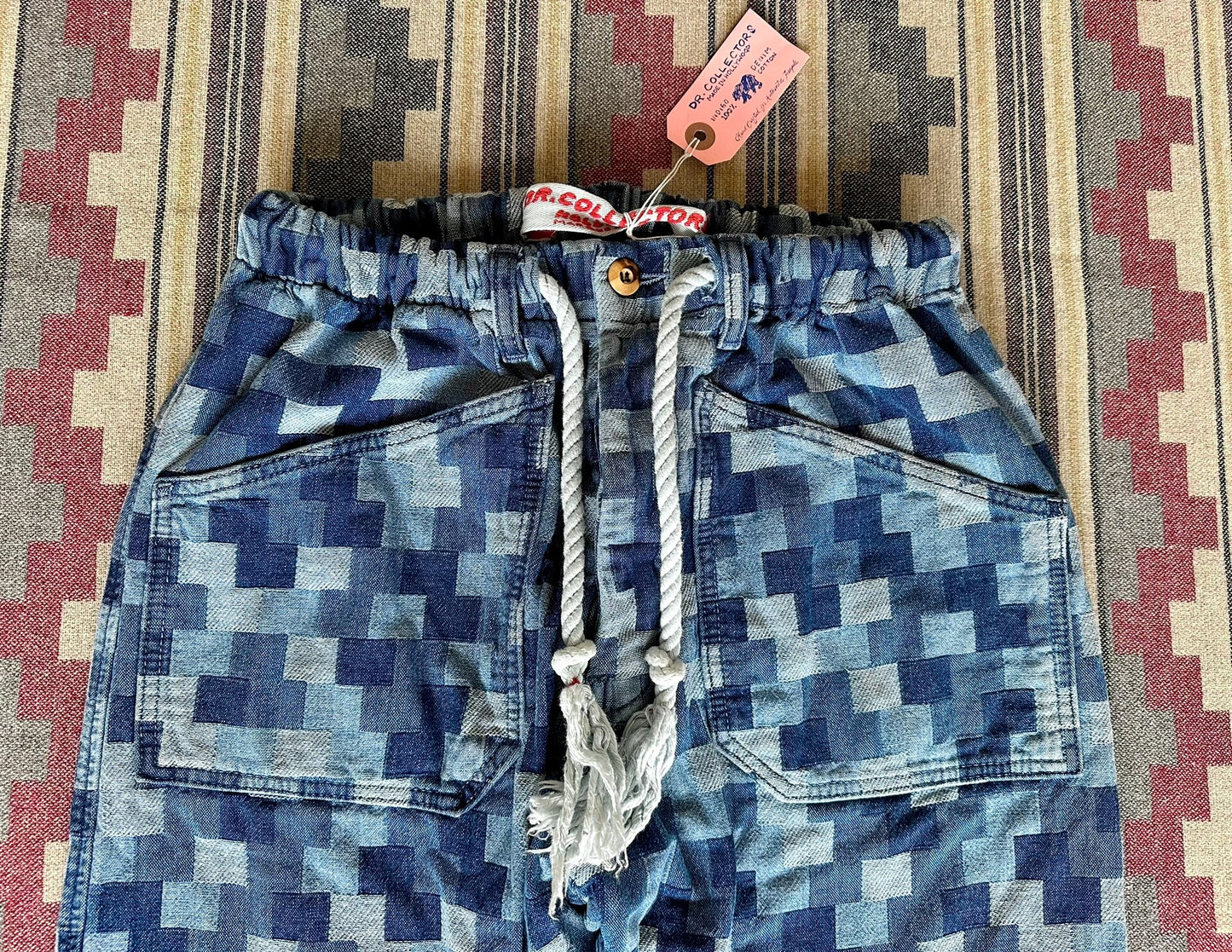 blue jacquard denim casual tapered pants