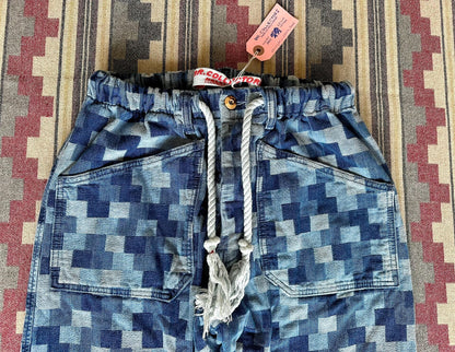 blue jacquard denim casual tapered pants