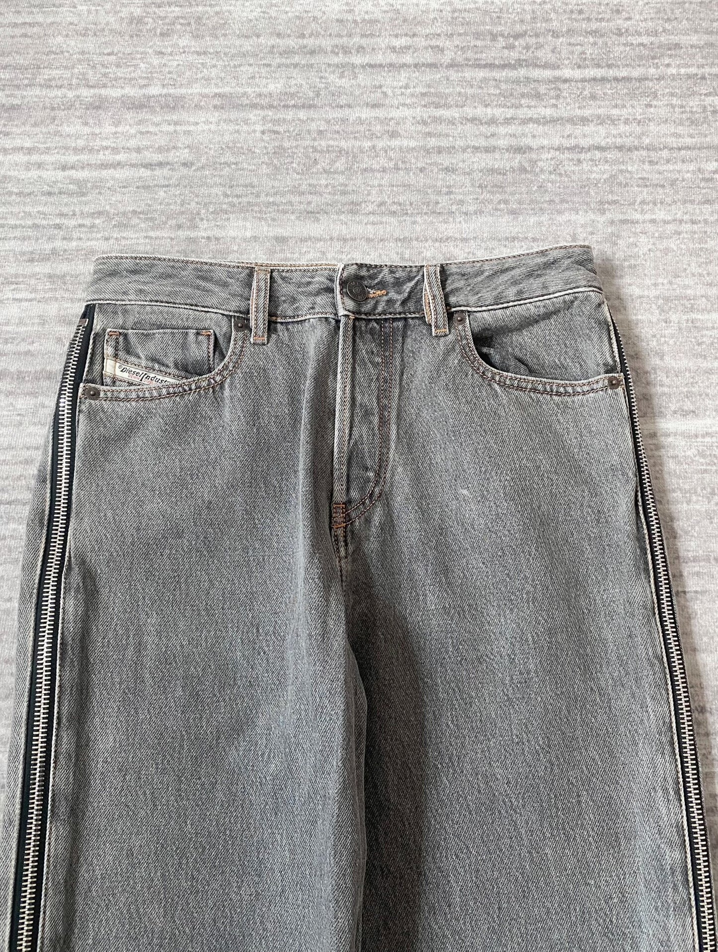 diesel gray red zipper flared jeans