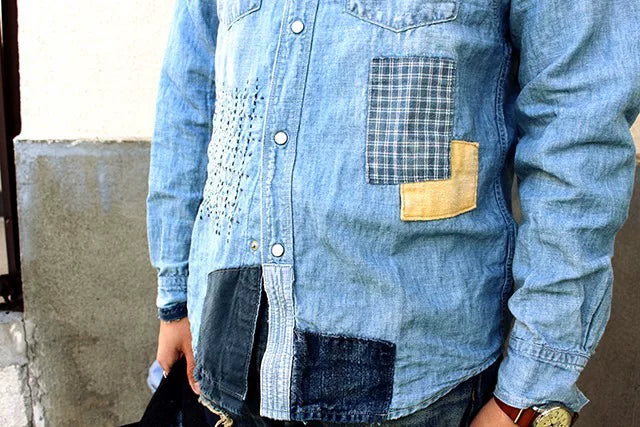 fdmtl patchwork denim shirt 5yr wash