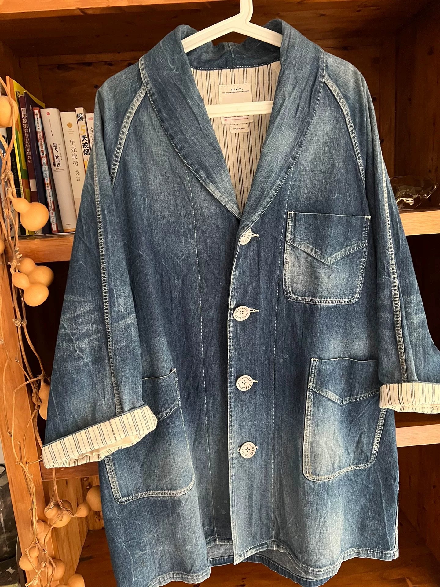 visvim four corners coat in blue denim