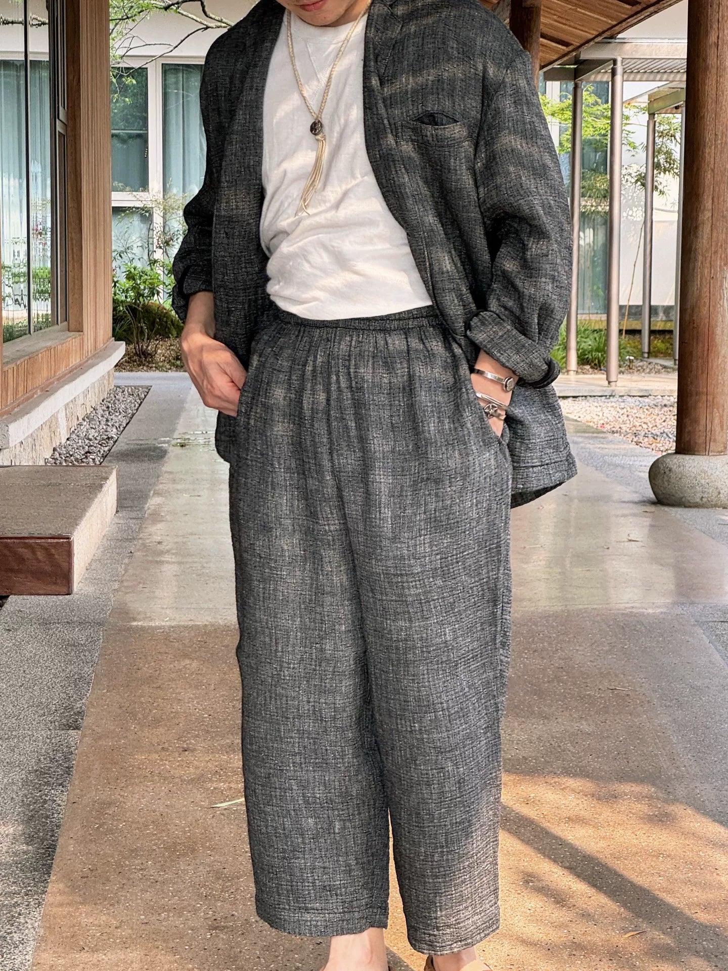 gray sashiko wide suit and pants set