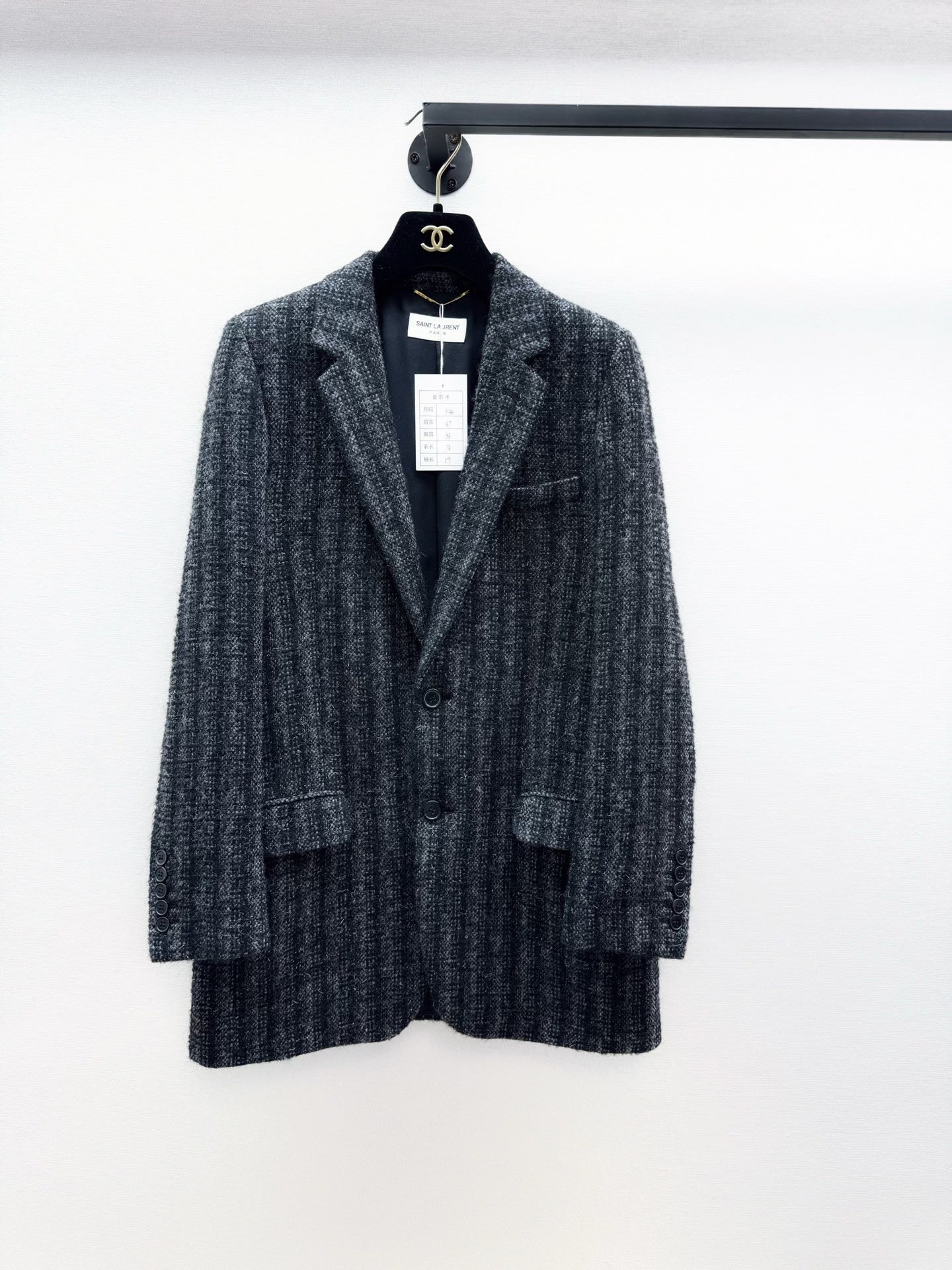 Saint Laurent Gray Black Check Wool Blazer