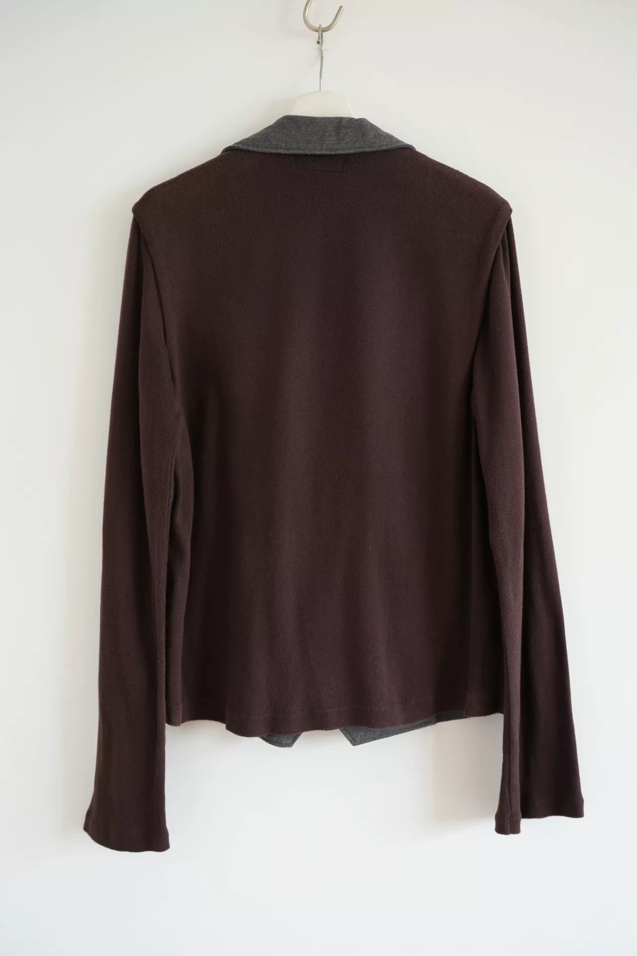 gray and brown patchwork shirt