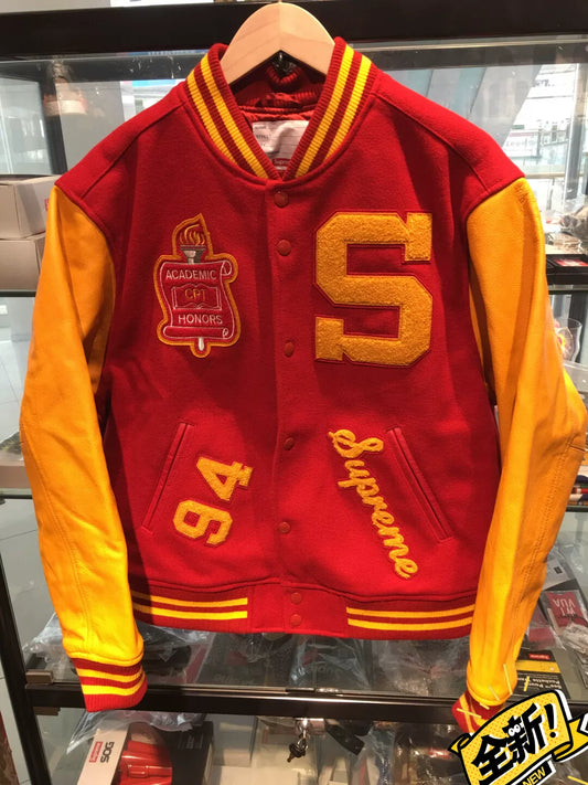 supreme red and yellow baseball jacket
