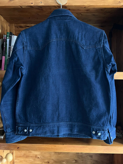 blue dyed work jacket with gem buttons