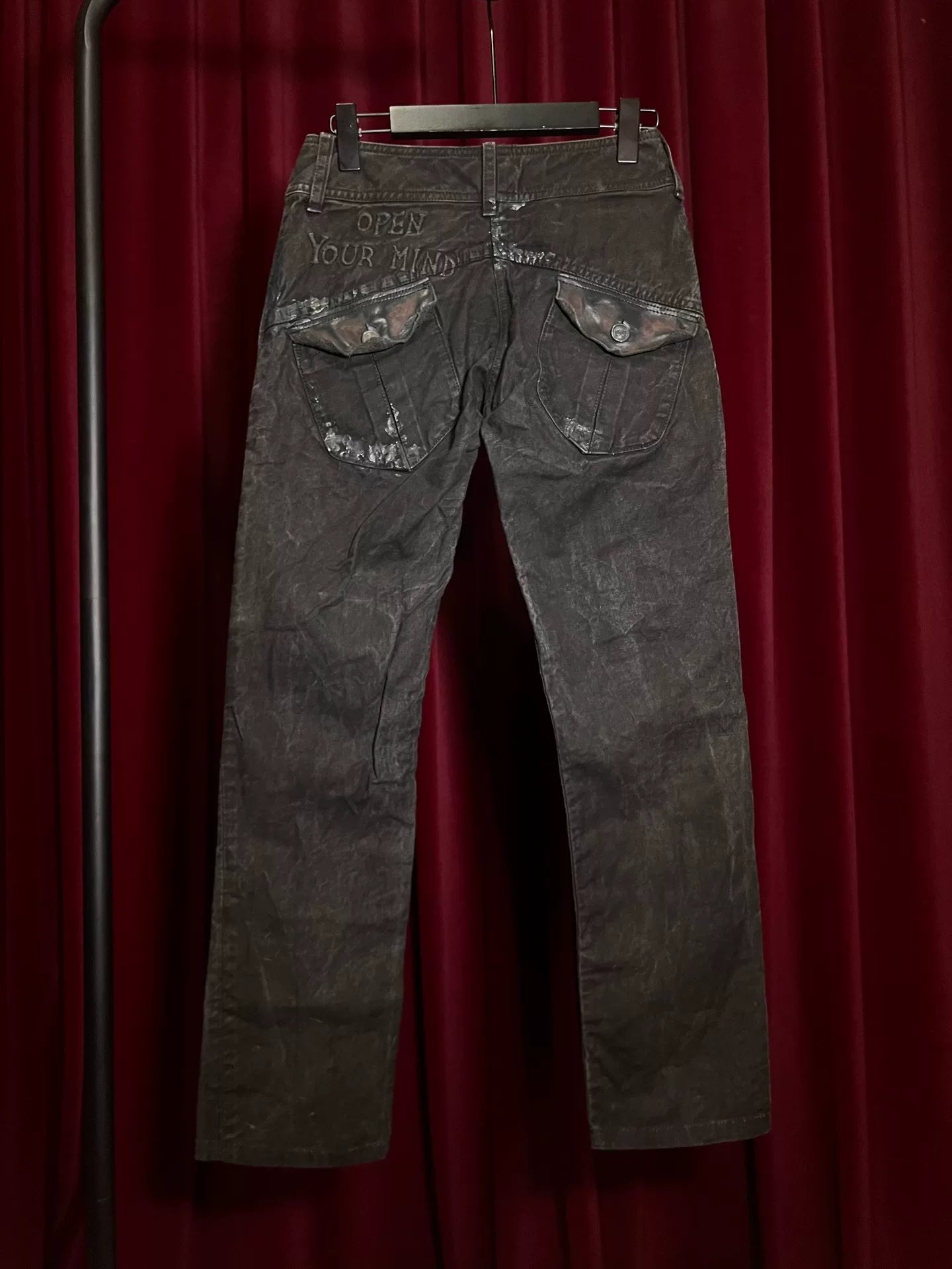 embroidered denim pants with patchwork details