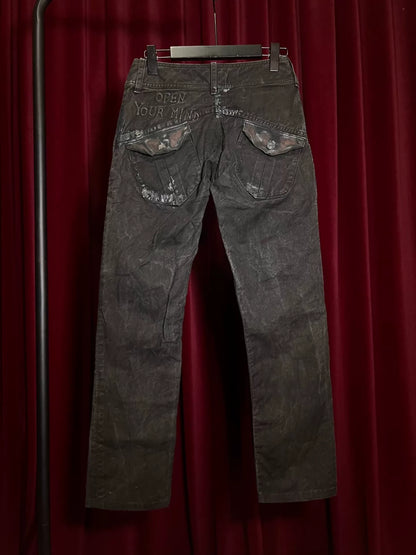 embroidered denim pants with patchwork details