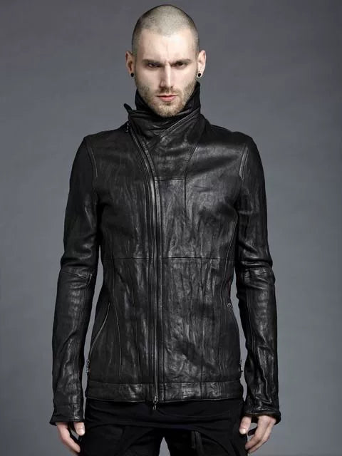 Julius_7 Black High Neck Leather Jacket