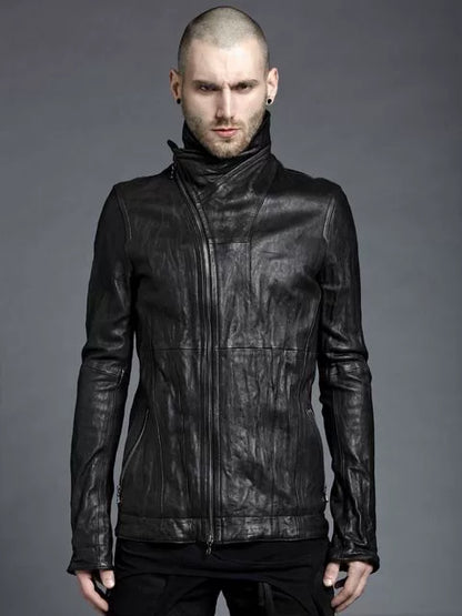 Julius_7 Black High Neck Leather Jacket