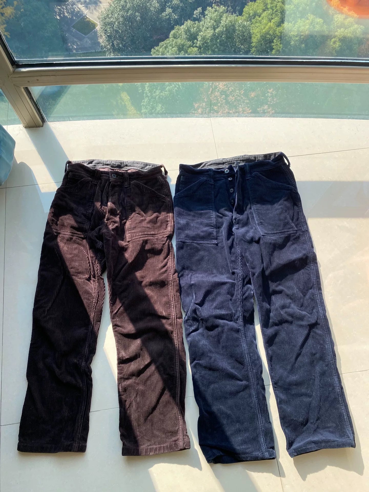 warm freewheelers corduroy pants in blue brown