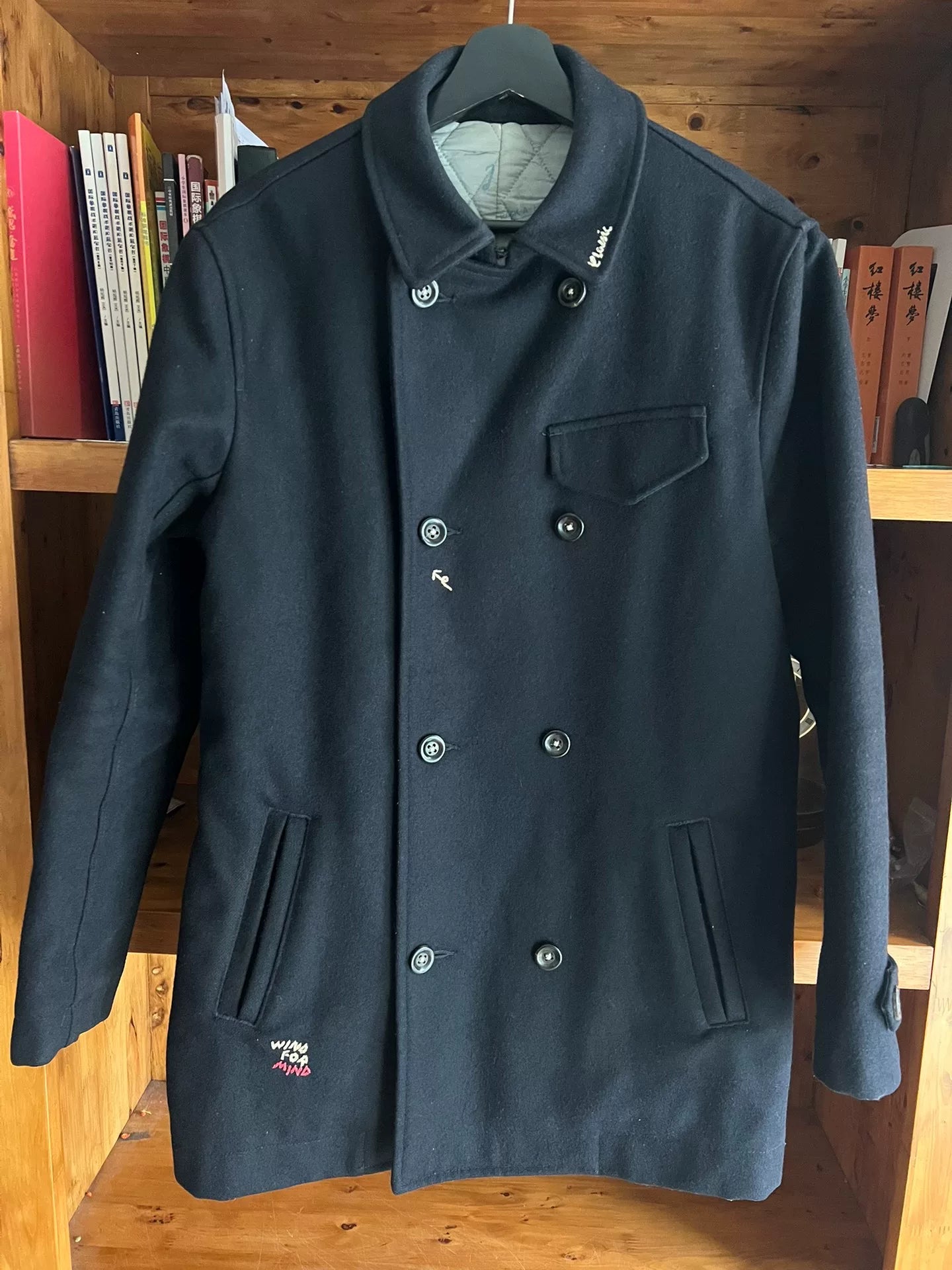 classic black melton wool double-breasted coat