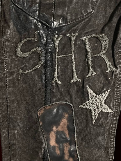 embroidered denim pants with patchwork details